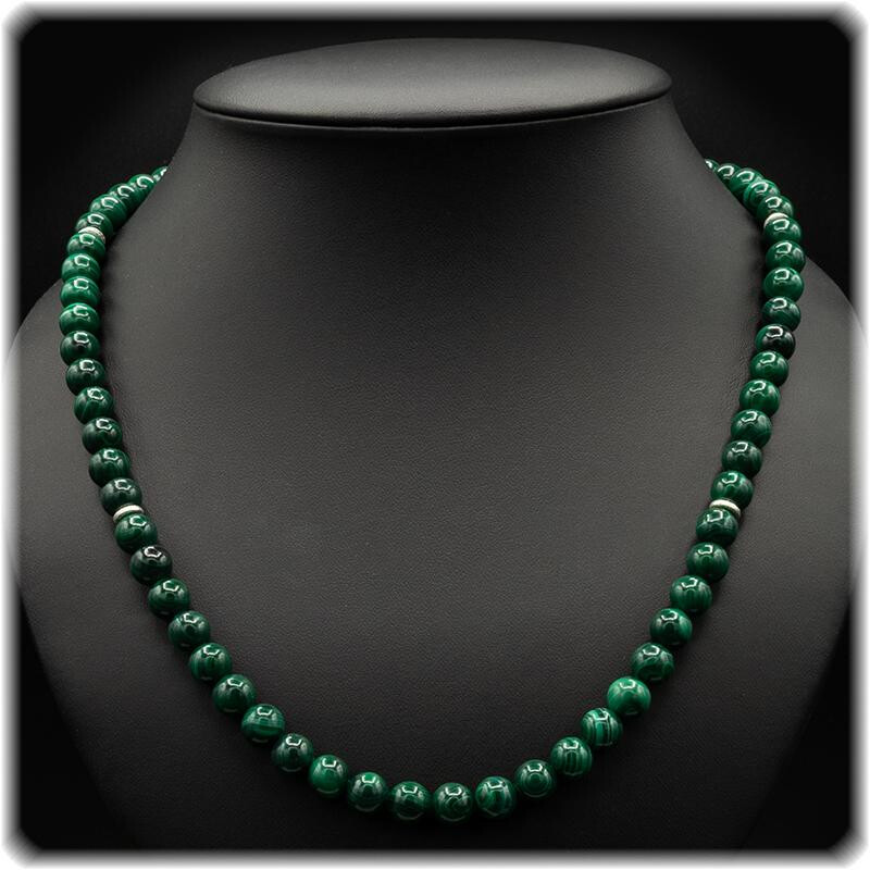 Malachit Herren Kette – Kugeln 8,0 mm, 56,0 cm, Silber